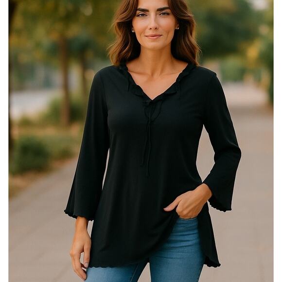 Jordan Taylor Beach VTG Women’s Black LG Stretchy Tunic Top Bell Sleeve USA Made - Picture 1 of 10